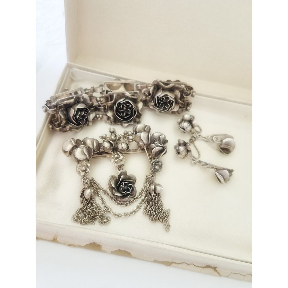 Vintage 1940s Sterling Hobe Rose Floral Bracelet Earring and Brooch Set